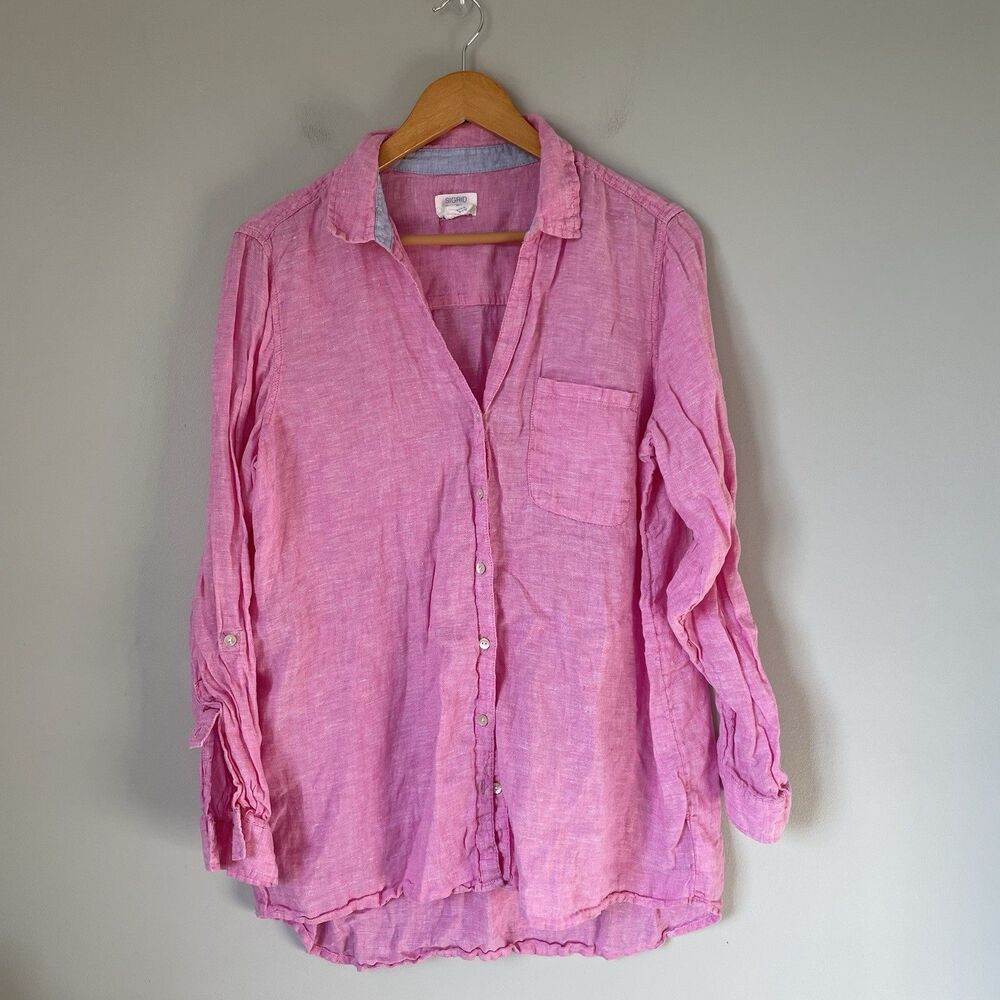 Sigrid Olsen 100% Linen Button Down Tunic Top Shirt Pink Cottagecore Size Large